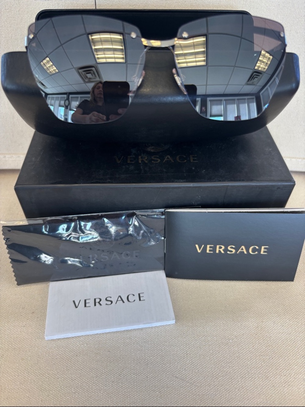 Versace Rimless Oversized Shield Sunglasses with Gold Accents